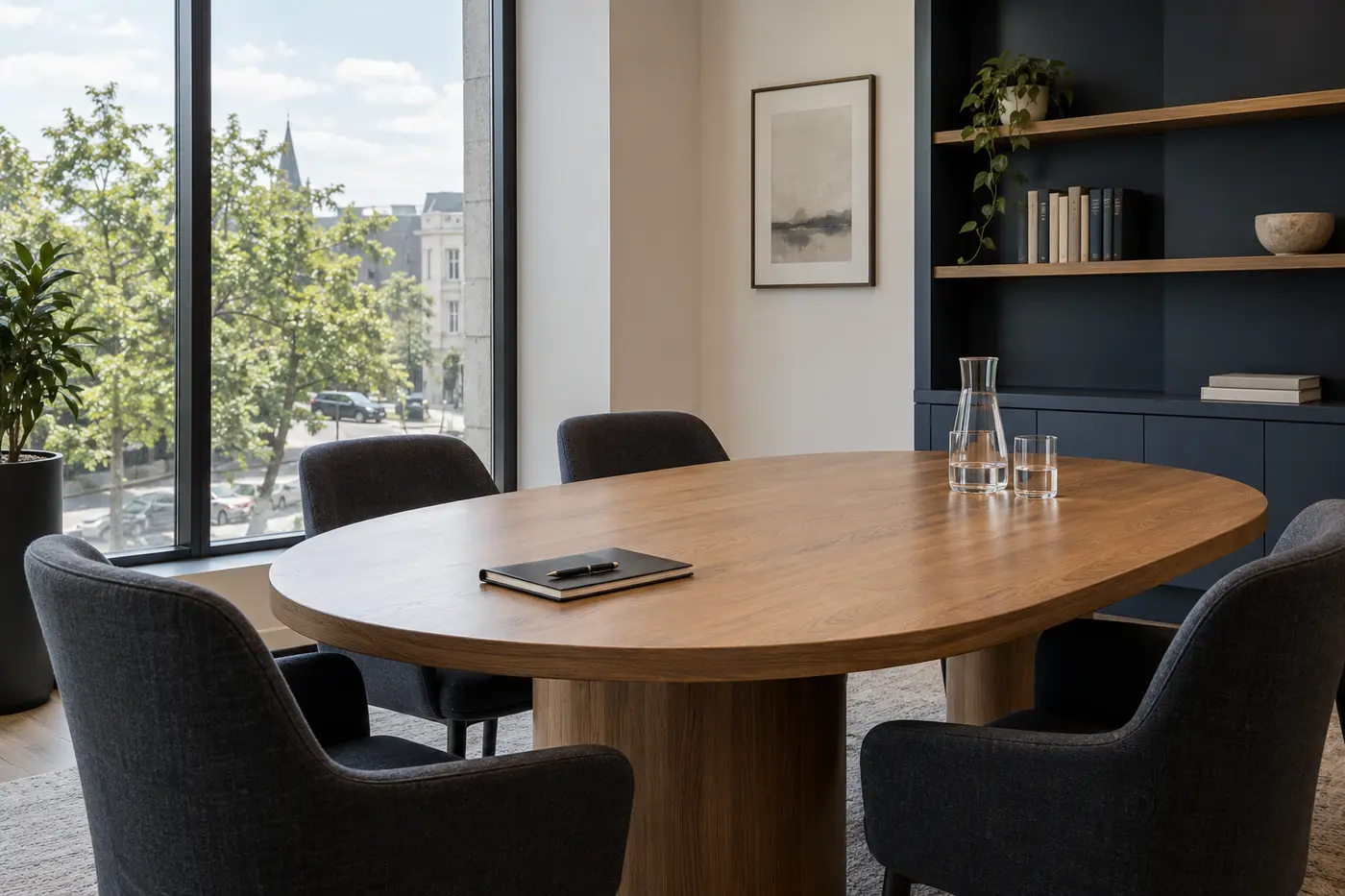 Quiet meeting room with an oak table and natural window light