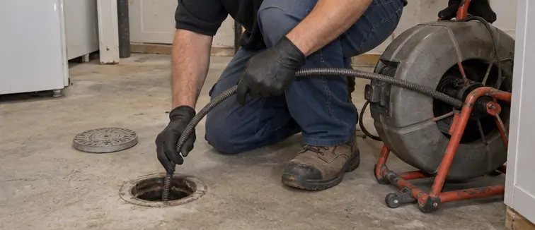 Plumber guiding a drain-clearing cable into a floor cleanout