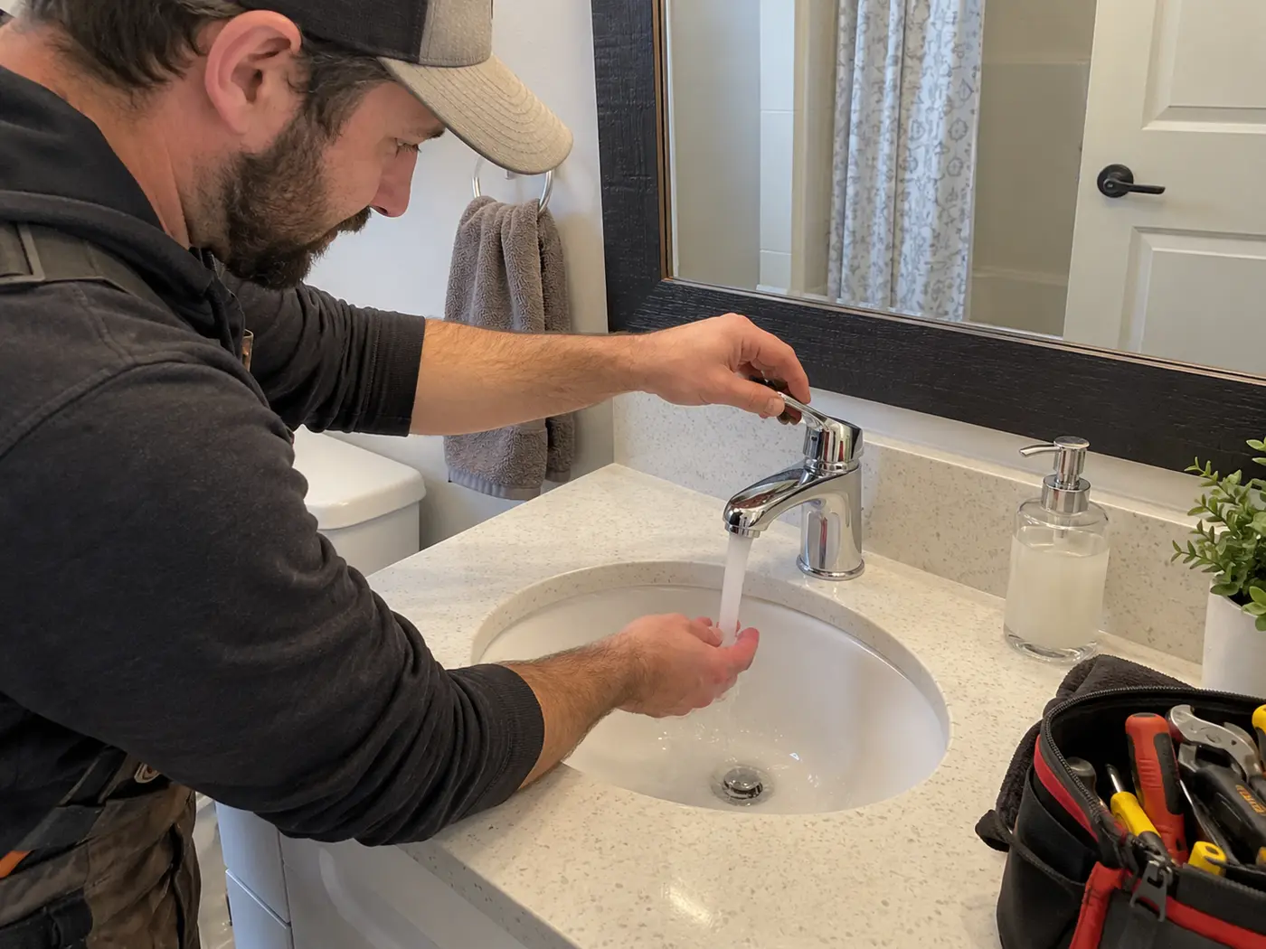 Hands checking water flow from a newly fitted bathroom faucet