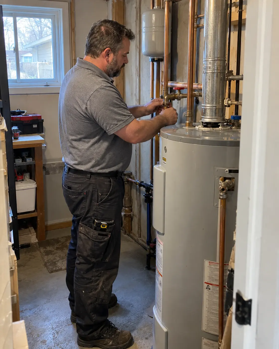 Plumber inspecting copper connections beside a basement water heater