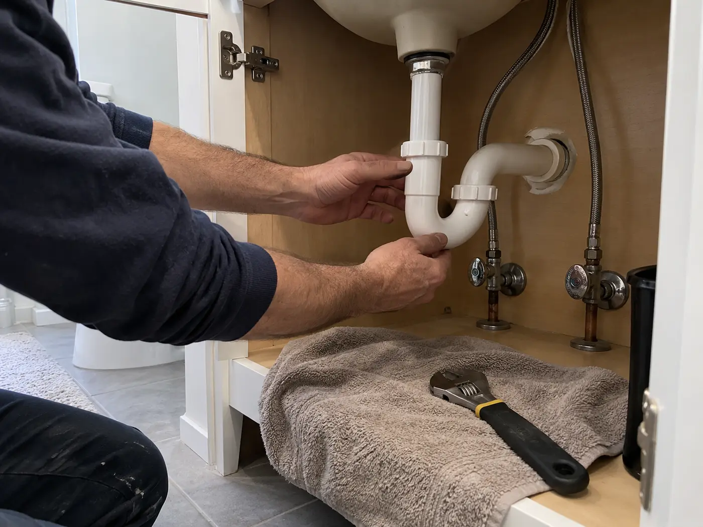 Plumber checking the drain connections beneath a bathroom vanity