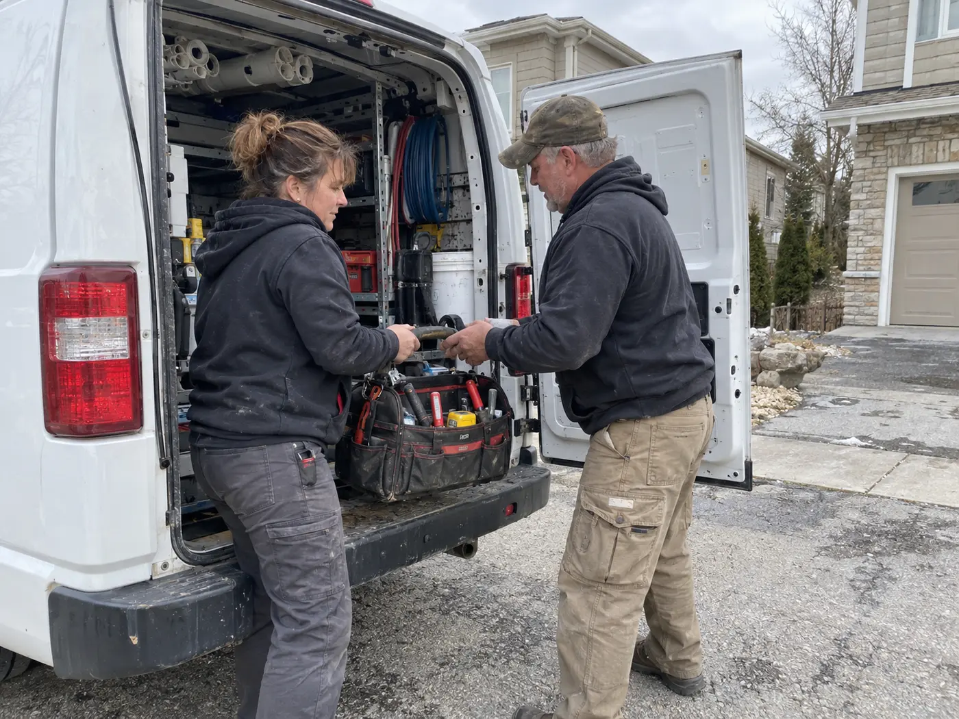 Two plumbers unloading a tool bag beside a work van on a residential driveway