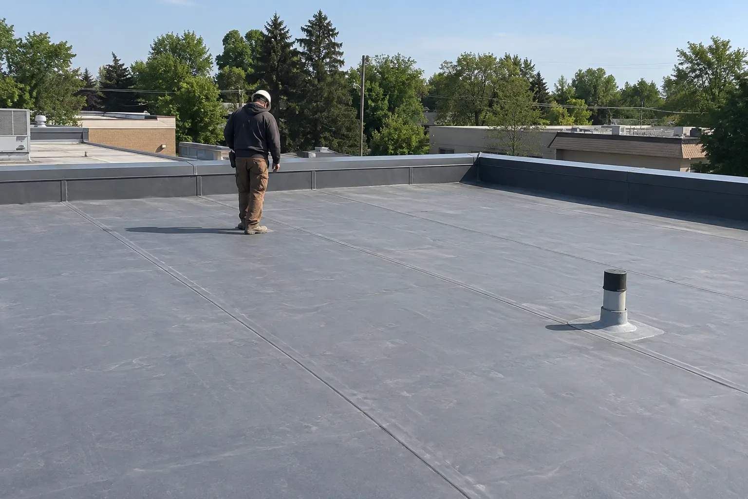 Technician inspecting a seam on a low-slope commercial membrane roof