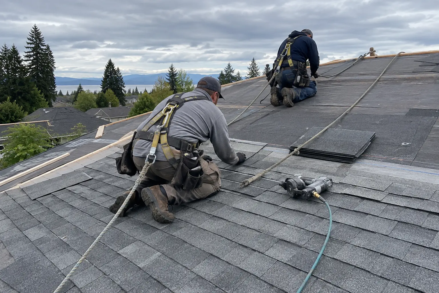 Roofing crew working on shingles with fall-arrest equipment