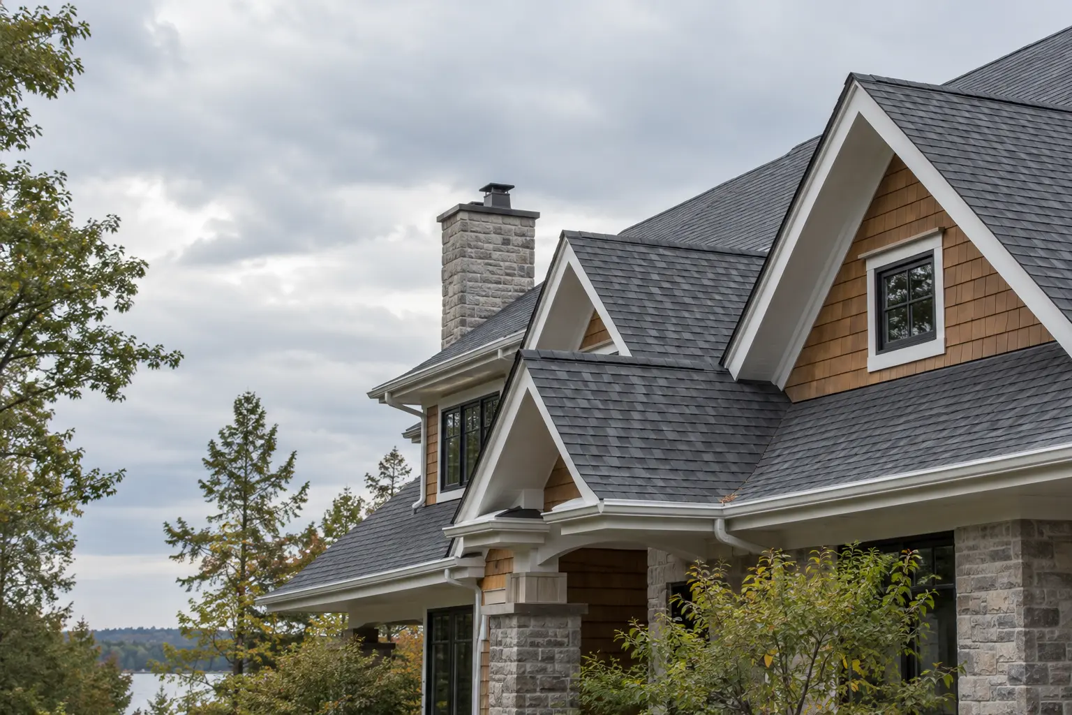 Charcoal shingle roof over a gabled home with natural wood and stone finishes