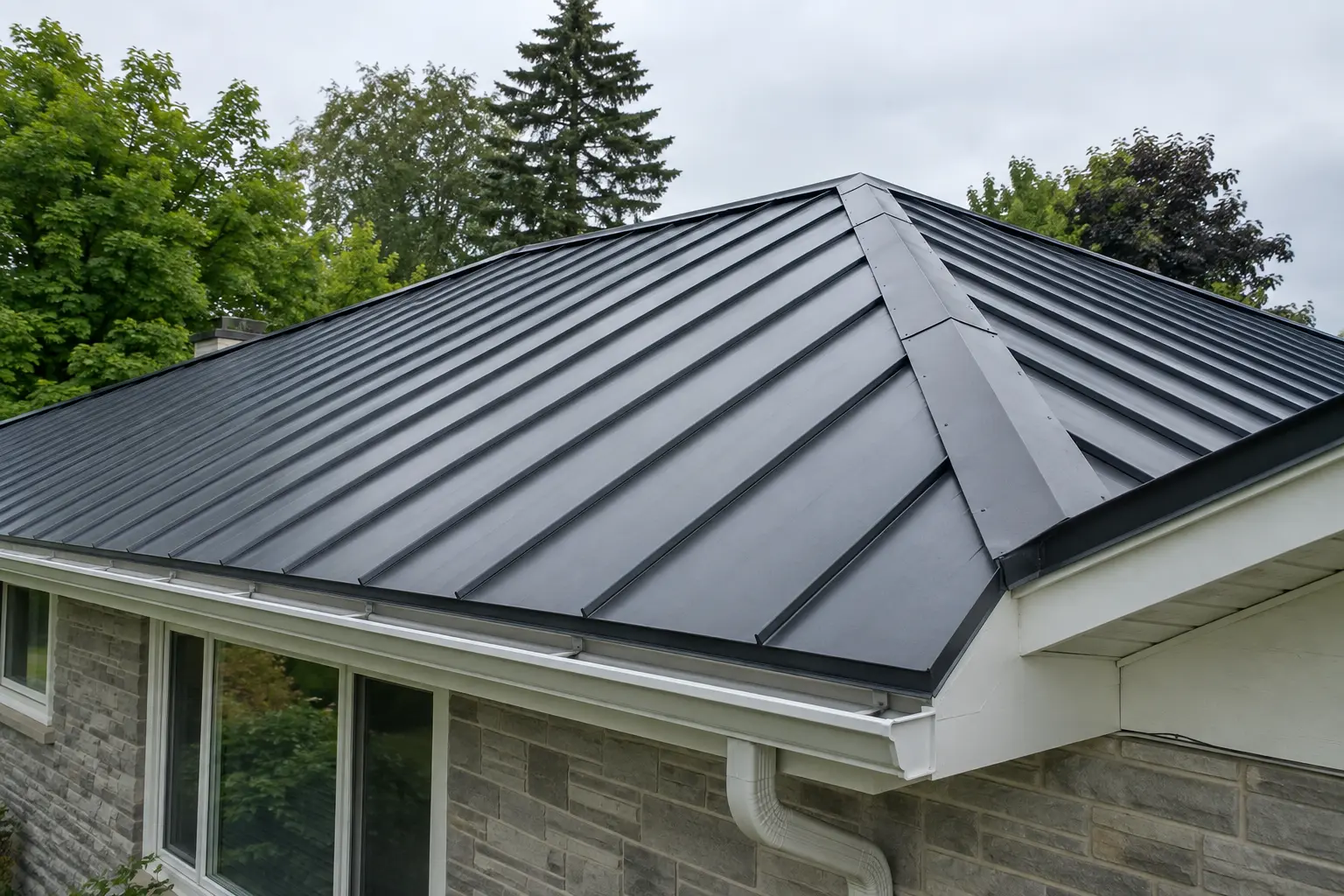 Dark metal roof with straight standing seams on a bungalow