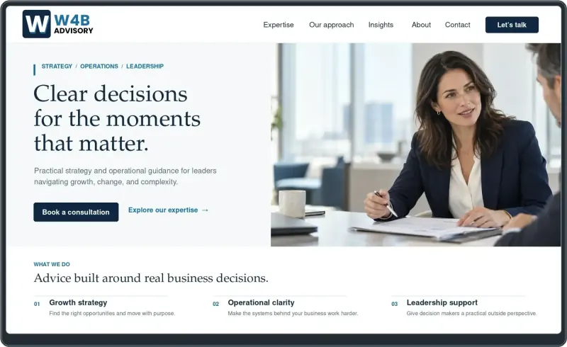 A small-business website shown on a desktop screen, a tablet and a phone