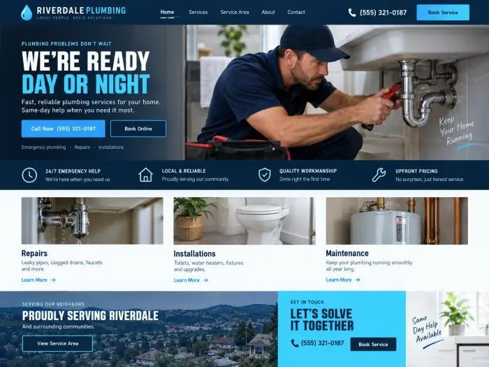 Sample plumbing website homepage